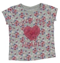 Šedo-růžové květované tričko se srdcem Primark