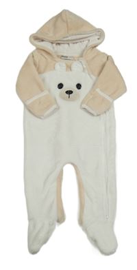 Bílo-smetanová plyšová kombinéza s medvědem a kapucí 