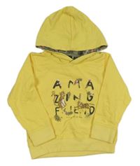 Žlutá mikina s nápisy a tygry a kapucí 