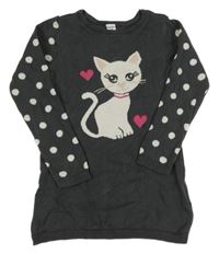 Tmavošedé svetrové šaty s puntíky a kočkou Dopodopo