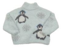 Světlemodrý chlupatý svetr s tučňáky Primark