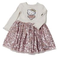 Smetanovo-růžové žebrované šaty s Hello Kitty a flitrovou sukní C&A