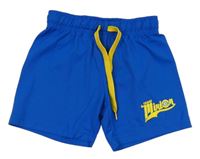 Tmavomodro-žluté sportovní kraťasy s nápisem H&M