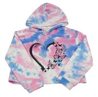 Růžovo-bílo-modrá batikovaná crop mikina se srdíčkem a kapucí