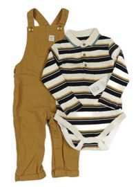 Nové - 2set - Bílo-černo-barevné pruhované body s límečkem + Okrové laclové rifle F&F