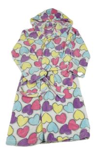 Bílo-barevný plyšový župan se srdíčky a kapucí BHS