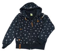 Tmavomodrá propínací zateplená mikina s kotvami a kapucí 