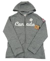 Nové - Šeedá melírovaná propínací mikina s nápisem a kapucí 