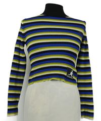 Dámský modro-žluto-černý pruhovaný žebrovaný crop svetr se stojáčkem Kangol 
