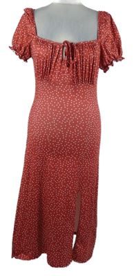 Dámské červené puntíkované milkmaid midi šaty s rozparkem Shein 