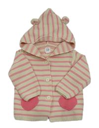 Smetanovo-růžový pruhovaný propínací svetr se srdíčky a kapucí GAP