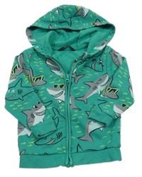 Zelená propínací mikina se žraloky a kapucí George