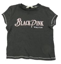 Tmavošedé žebrované crop tričko s růžovým nápisem H&M