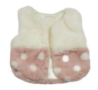Bílo-růžová chlupatá kožešinová podšitá vesta s puntíky