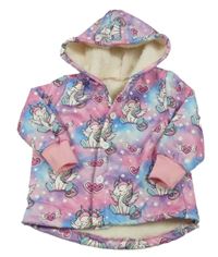 Růžovo-modrá šusťáková zateplená bunda s jednorožci a kapucí 