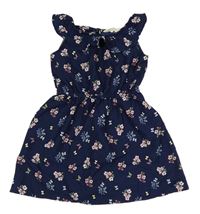 Tmavomodré šaty s květy a motýlky a volánkem H&M