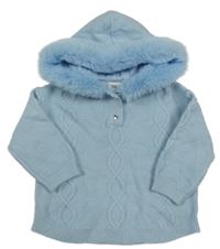 Světlemodrý svetr s kožešinou a kapucí 