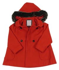 Červený flaušový podšitý kabát a kožešinou a kapucí F&F