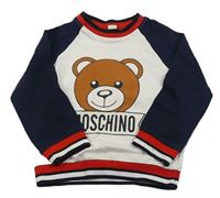 Bílo-tmavomodrá mikina s medvídkem a proužky Moschino