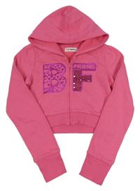 Růžová crop propínací mikina s nápisem a kapucí 