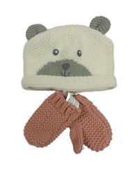Nové - 2set - Bílá pletená čepice s medvídkem + růžové rukavice St. Bernard