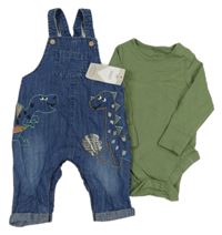 Nové - 2set - Tmavomodré laclové rifle s dinosaury + khaki body M&S