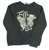 Tmavošedý melírovaný svetr s motýlky a nápisy H&M