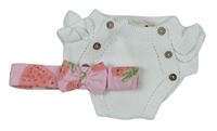 2Set - Bílé pletené kalhotky na plenky s volánky + růžová čelenka s jahůdkami a mašlí