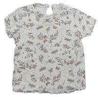 Smetanové žebrované tričko s kytičkami a motýlky zn. H&M