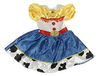 Kostým - Modro-bílo-žluté saténové šaty s broží a límečkem - Jessie - Toy Story Disney