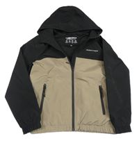 Černo-béžovošedá šusťáková funkční jarní bunda s logem a kapucí Raintex