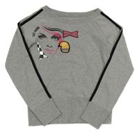 Šedá melírovaná mikina s obličejem a nášivkami a pruhy teddy smith