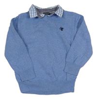 Modrý melírovaný svetr s výšivkou a všitou košilí Next