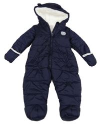 Tmavomodrá prošívaná šusťáková zimní kombinéza s nášivkou a kapucí s oušky grain de blé