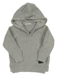 Šedý melírovaný žebrovaný svetr s kapsou s nášivku a kapucí H&M