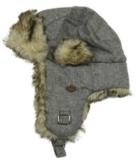 Šedo-černá vzorovaná vlněná zateplená beranice s kožešinou ACCESSOIRES