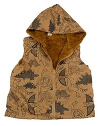Medová šusťáková zateplená vesta s dinosaury a kapucí 