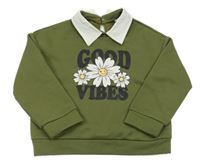 Khaki mikina s kopretinami a nápisy a límečkem SHEIN