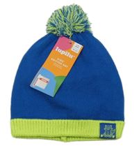 Nové - cobaltově modro-limetková pletená čepice s mývalem a bambulí lupilu