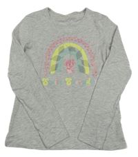 Světlešedé melírované triko s kočičkou a duhou Kids