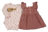 Nové - 2Set - Hnědé manšestrové šaty+růžové body s kytičkami RABBIT BEAR