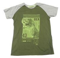 Khaki-šedé tričko s dinosaurem a nápisy Matalan