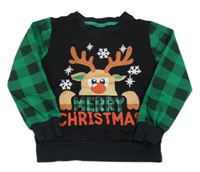 Černo-zelená mikina se sobem a kostkovanými rukávy