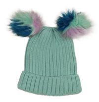 Mátová pletená čepice s bambulemi