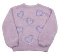 Lila chlupatý svetr se srdíčky z flitrů Dunnes