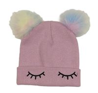 Růžová třpytivá čepice s očima a bambulemi Dopodopo