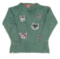 Zelený chlupatý svetr se zvířaty z flitrů Kiki&Koko