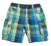 Modro-zelené kostkované plátěné cargo kraťasy Nutmeg