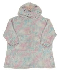 Světlemodro-růžovo-bílá batikovaná chlupatá oversize mikina s kapucí - jednorožec Nutmeg