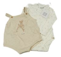 Nové - 2set - Smetanové květované body s volánkem + světlebéžové perforované pletené laclové kraťasy s Bambim Disney